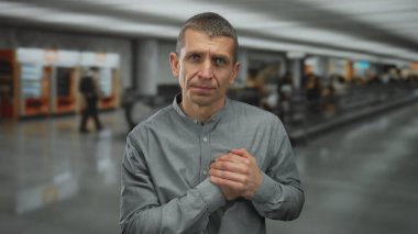 Havaalanı koridorunda göğsü kapalı bir adam duygularını dışa vuruyor. Parlak iç aydınlatma altında günlük gömlek giyiyor..