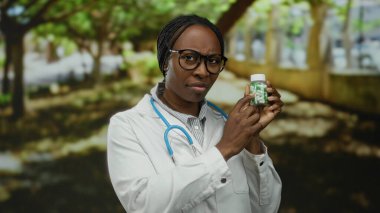 Laboratuvar önlüklü bir kadın elinde ilaç şişesiyle parkta duruyor. Dışarıdaki sağlık hizmetlerini sembolize ediyor..