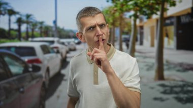 Yoğun caddede dışarıda dikilen adam sessiz kalmayı öneriyor. Parmakları dudaklarında, şehir ortamında, ağaçlar yolda, arabalar park halinde, sakin tavırlar sergiliyor..