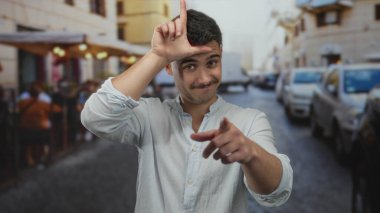 İspanyol adam, açık hava restoranının terasında sıradan bir gömlekle dikilirken kameraya ezik jestler yapıyor..