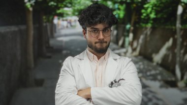 Sakallı, gözlüklü, beyaz ceketli, güneşli bir sokakta kolları çapraz duran, ağaçlarla çevrili genç bir İspanyol, düşünceli bir ifade sergiliyor..