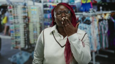 Saçları örgülü bir kadın hareketli bir pazar caddesinde kameraya öpücük yolluyor, renkli malların arasında güvenle gülümsüyor açık hava alışveriş atmosferini güzelleştiriyor..
