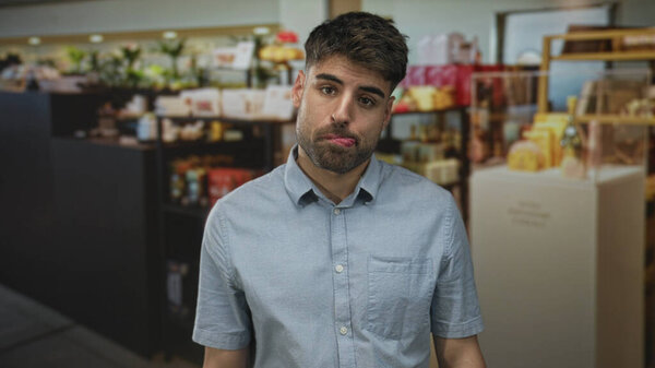 Мужчина с голым лицом высовывает язык среди полок декора в здании; игривое неповиновение юношескому отношению.