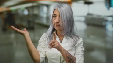 Havaalanı terminalinde gri saçlı yaşlı bir kadın, parmağını göstererek elini beyaz bir gömlekle uzatıyor, eğitici ve bilgilendirici ipuçları veriyor..