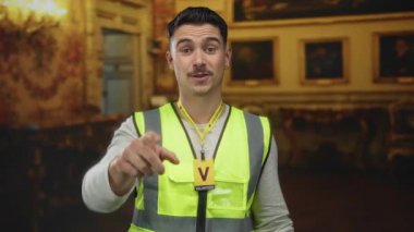 Yansıtıcı yelek giyen genç İspanyol adam müze noktalarında gönüllü olarak kendini ifade etmeye çalışıyor..