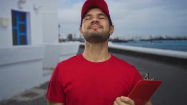 Kırmızı şapkalı ve gömlekli adam sahil şeridi kenarında pano tutuyor; görev güvenilirlik hizmeti taahhüdü.