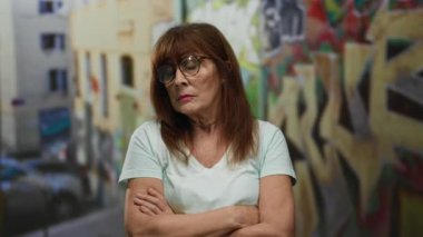 Gözlüklü yaşlı İspanyol kadın canlı bir şehir manzarasında grafiti dolu bir caddede duruyor ve şehir ortamında düşünceli bir tefekkür anı yakalıyor..