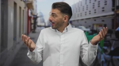 Beyaz gömlekli adam dar kalabalık şehir caddesinde omuzlarını silkiyor park etmiş scooterlarla dolu; belirsizlik karmaşası.