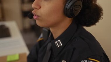 Polis üniformalı bir kadın istasyonda çalışırken kulaklık takıyor, profesyonel bir ofis ortamı sergiliyor..