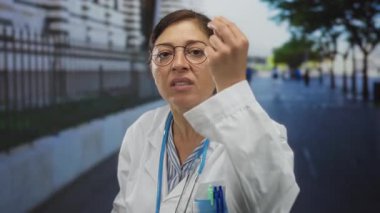 Beyaz önlüklü ve steteskoplu kadın doktor kalabalık şehir caddesinde sıkılmış yumruğunu kaldırdı; hayal kırıklığı.