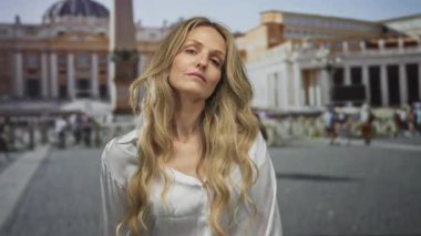 Sarı saçlı genç bir kadın Vatikan 'da St. Peter Meydanı' nda beyaz bir gömlek giymiş, İtalya 'da tarihi mimarisi olan sakin bir ortam sergiliyor..