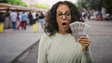 Şehrin işlek bir caddesinde elinde Mısır banknotları tutan bir kadın şaşkınlık ve heyecan sergiliyor..