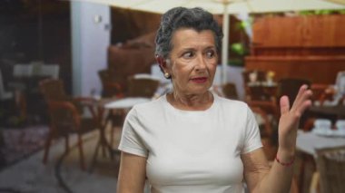 Gri saçlı yaşlı bir kadın restoranın terasında el kol hareketleri yapıyor. Güneşli bir gökyüzünün altında arka planda hasır sandalyeler ve masalarla çekici ve anlamlı bir sahne yaratıyor..