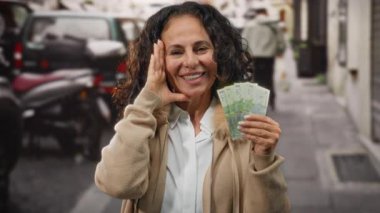Bir şehir caddesinde elinde Romen leu banknotları tutan orta yaşlı bir kadın, şehir ortamında mali başarı ve mutluluk sergiliyor..