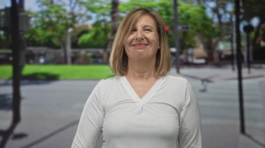 Güneşli bir günde ağaçlar ve banklarla kaplı işlek şehir caddesinde gülümseyen ve başparmak kaldıran bir kadın. Onaylandı.