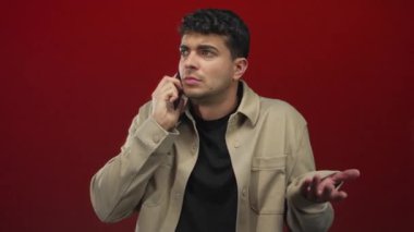 Stüdyoda omuz silkme hareketiyle akıllı telefonu kulağına tutan bir adam. Öfke bunalımı stresi..