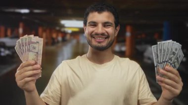 Genç adam, bir otoparkın içinde el ele tutuşmuş para tutuyor riyal ve dolar banknotlarını karşılaştırırken..