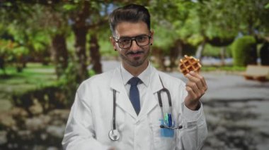 Beyaz tıbbi önlüklü steteskoplu bir adam yeşil parktaki yapraklı ağaçlar arasında göz hizasında waffle yapıyor..