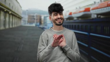 Deniz kıyısında teknelerle gülümseyen, gri bir kazak giyen ve neşeli bir ifade sergileyen genç adam, liman çevresinin sükunetini ve çekiciliğini yakalıyor..