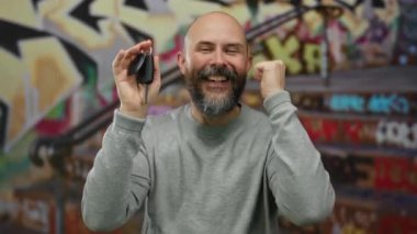 Şehir sokaklarında araba anahtarlarıyla kutlama yapan bir adam graffiti arka planında mutluluğunu ve heyecanını kel kafalı ve şık bir sakalla sergiliyor..