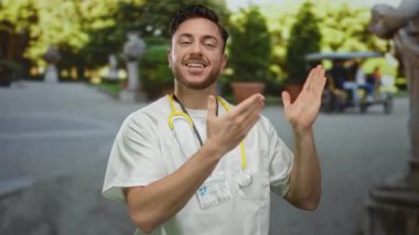 Steteskop takan sakallı genç bir doktor şehir caddesinde yeşilliklerle çevrili bir yerde el kol hareketleri yapıyor..