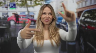 Sarışın kadın, park halindeki arabaların ve bulanık mağaza vitrinlerinin yanı sıra, işlek şehir caddesinde elleri ile sahne çerçevesi; oyun hayal gücü.