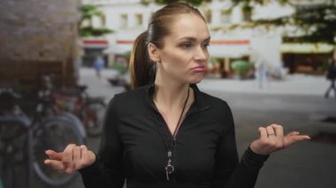 Kadın antrenör, park halindeki bisikletlerle ve bulanık yayalarla çevrili işlek bir şehir caddesinde çıplak elleriyle omuz silkiyor..