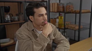 Bir ofis ortamında düşünen, derin düşünceler sergileyen ve modern bir iş ortamında odaklanan genç bir adam..