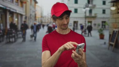 Yoğun şehir caddesinde kırmızı gömlekli ve şapkalı genç teslimatçı akıllı telefonu işaret ediyor; güven onayı güvenilirliği.