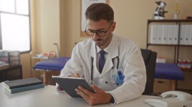 Adam tableti boynundaki steteskopla tutuyor ve binanın masasında otururken dokunmatik ekranı tıklatıyor; özen gösterme konsantrasyonu.