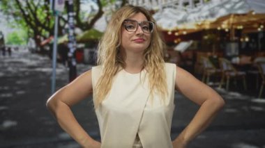 Sarışın ve gözlüklü bir kadın sokak ortasında açık kafe terasının yanında avuçlarını tutuyordu. İp ışıkları ve ağaçları vardı..