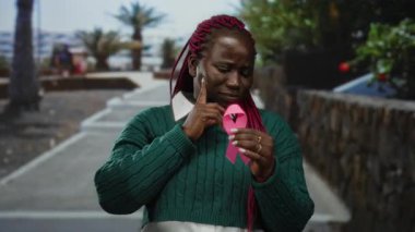 Şehir caddesinde yüzü palmiye ağaçlarıyla çevrili pembe kurdeleli bir kadın gün boyunca açık havada destek ve farkındalık mesajı veriyor..