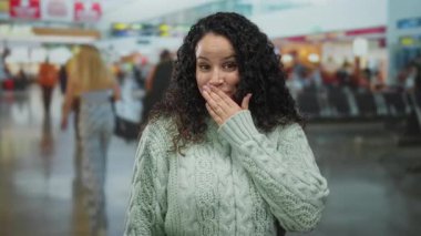 Havaalanı terminalindeki İspanyol kadın meşgul yolcuların arasında süveter giyerken kapalı ağızla ağzını kapatıyor..