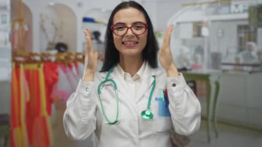 Steteskoplu genç İspanyol doktor. Renkli kıyafetlerle dolu giyim mağazasında güvenle gülümsüyor.