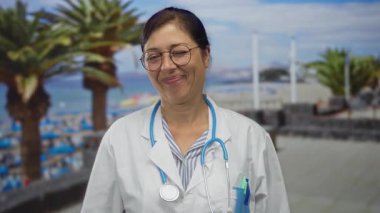 Orta yaşlı İspanyol doktor beyaz önlüklü ve steteskoplu yuvarlak gözlüklü stüdyoda gülümseyen; merhamet özgüvenini destekleyen.