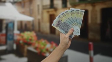 Bir kentin arka planında Romen banknotlarını tutarak, hareketli bir günde beyaz bir erkekle açık hava finans veya ekonomi konseptini öneriyor..