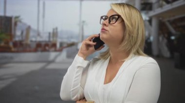 Gözlük takan kadın, şehirdeki hareketli caddede kollarını kavuşturarak akıllı telefonu kulağına tutuyor..