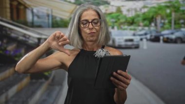 Elinde tabletle gezen gri saçlı bir kadın şehir caddesinde park etmiş arabaları adım adım gösteriyor..