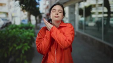 Kapalı gözlü kadın, turuncu hapishane tulumunu giyip şehir arka planında yeşil bitki ve binalara karşı huzur ve rahatlık ifade ediyor..