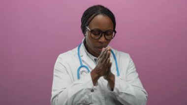 Gözlüklü ve steteskop takan doktor pembe bir duvara dayanıyor, odaklanmış ve sıcak görünüyor, sağlık ve modern estetiğin kesişimlerini genç bir varlıkla vurguluyor..