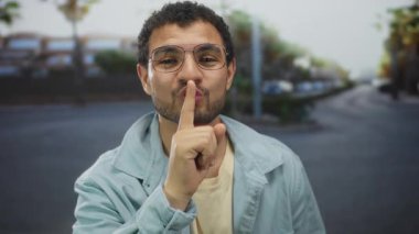 Kalabalık bir şehir caddesinde sessiz kalmak için parmaklarını dudaklarına bastıran adam, günışığı altında palmiye ağaçlarıyla dolu, sessiz bir gizlilik içinde..