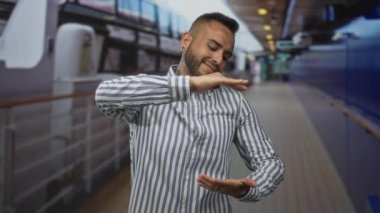 İnsan uzayı bir yolcu gemisinin güvertesinde elleri ile çerçeveler, gülümseyerek ve jest olarak avuç içi sunar; dingin güven.