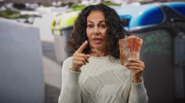 Orta yaşlı bir kadın çöp bidonlarının yanında Filipin pesosu tutuyor. Bu da geri dönüşüm alanında parmağını kullanmadığını gösteriyor..