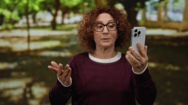 Parktaki bir kadın akıllı telefondan arıyor. Etrafı doğa ile çevrili. Güneşli bir ortamda açık hava sohbetinden keyif alıyor..