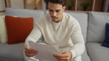 Genç adam rahat bir kanepede rahat bir şekilde otururken kağıt üzerinde odaklanmış ve meşgul yastıklar ve bitkilerle dolu modern bir oturma odasında belge okuyor..