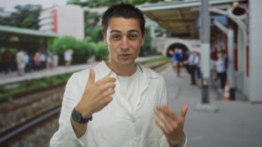 Latin kökenli genç bir adam günlük beyaz gömlek giyiyor. Yoğun bir açık hava tren istasyonunda jest yapıyor. Platformda insanlar ve arka planda yeşillik var.