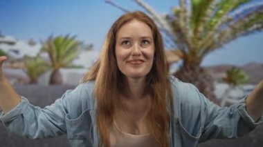 Gülümseyen kızıl saçlı kadın kot gömlek giyen eller gündüz vakti kalp hareketi yapıyor; sevgi bağı.