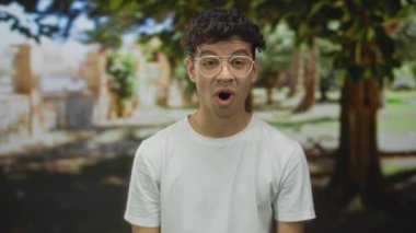 Ormanda ağzı açık ve gözlüklü bir adam, benekli güneş ışığı altında beyaz gömlek giyerek esniyor; yorgunluk.