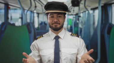 Otobüsün içinde gülümseyen sakallı ve üniformalı genç bir adam profesyonel bir görünüm ve canlı bir ortam sergiliyor. İspanyol etnik kökenini ve iç mekan taşımacılığını ön plana çıkarıyor..