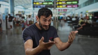 İspanyol asıllı, sakallı bir adam yoğun havaalanı terminalinde arka planda bulanık yolcular ve tabelalarla açıkça işaret veriyor..